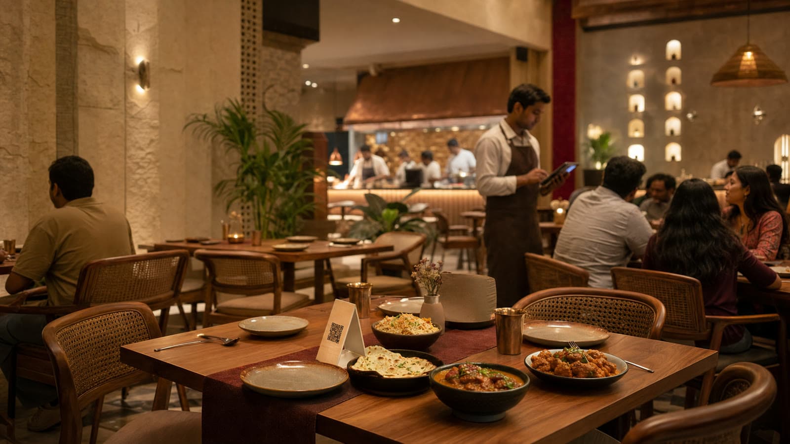 Warm Indian restaurant floor with QR ordering at the table and a waiter using a tablet.