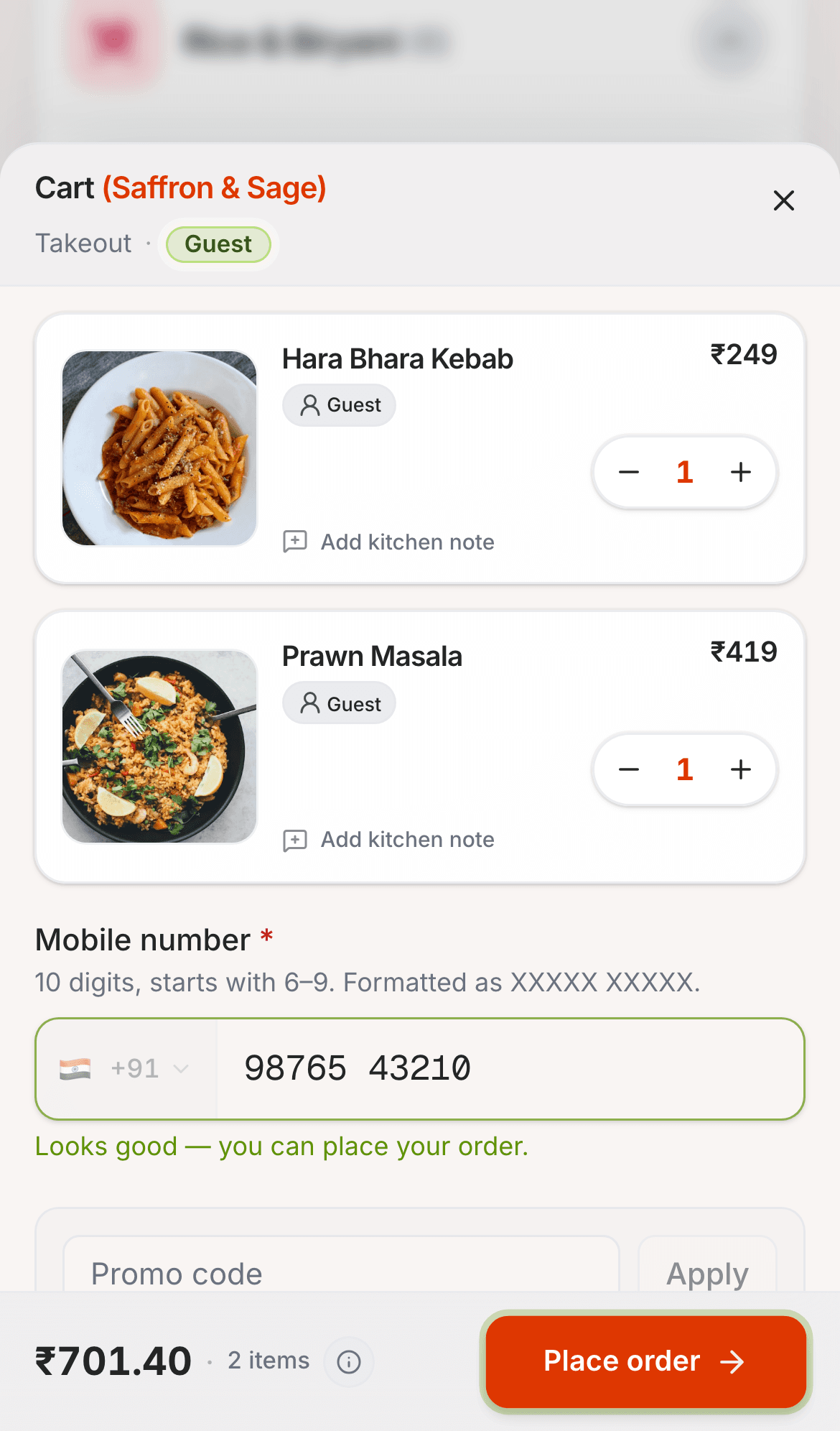 Real guest cart checkout screen captured from the seeded eRestro demo restaurant.