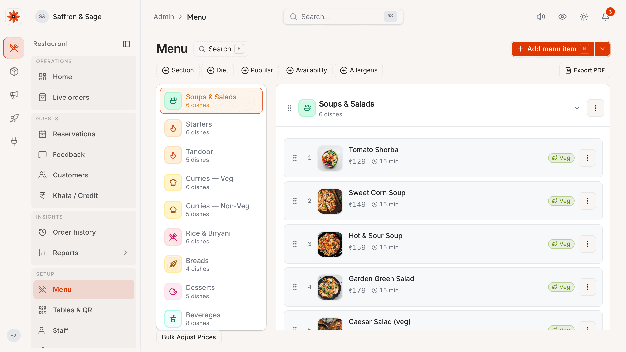 Menu builder with 55 dishes, prices, prep times, veg cues