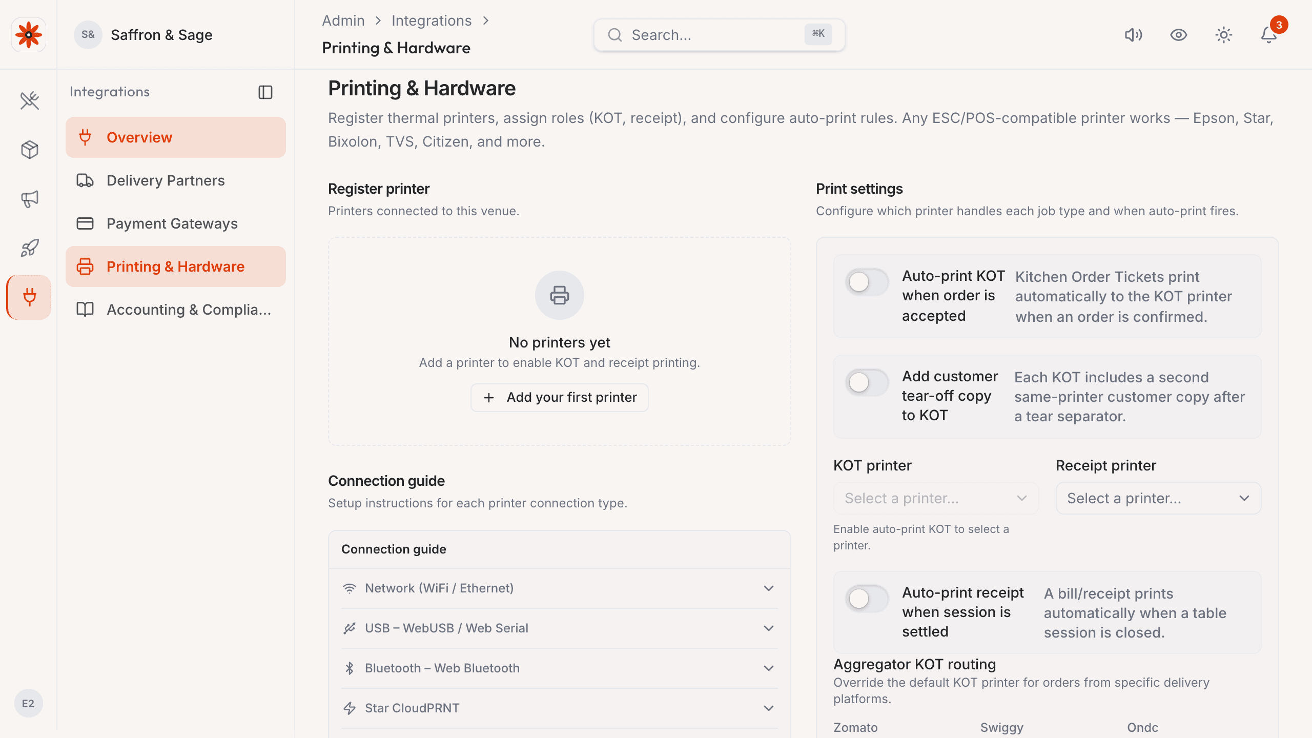 Printer & KDS configuration — network ESC/POS auto-print rules
