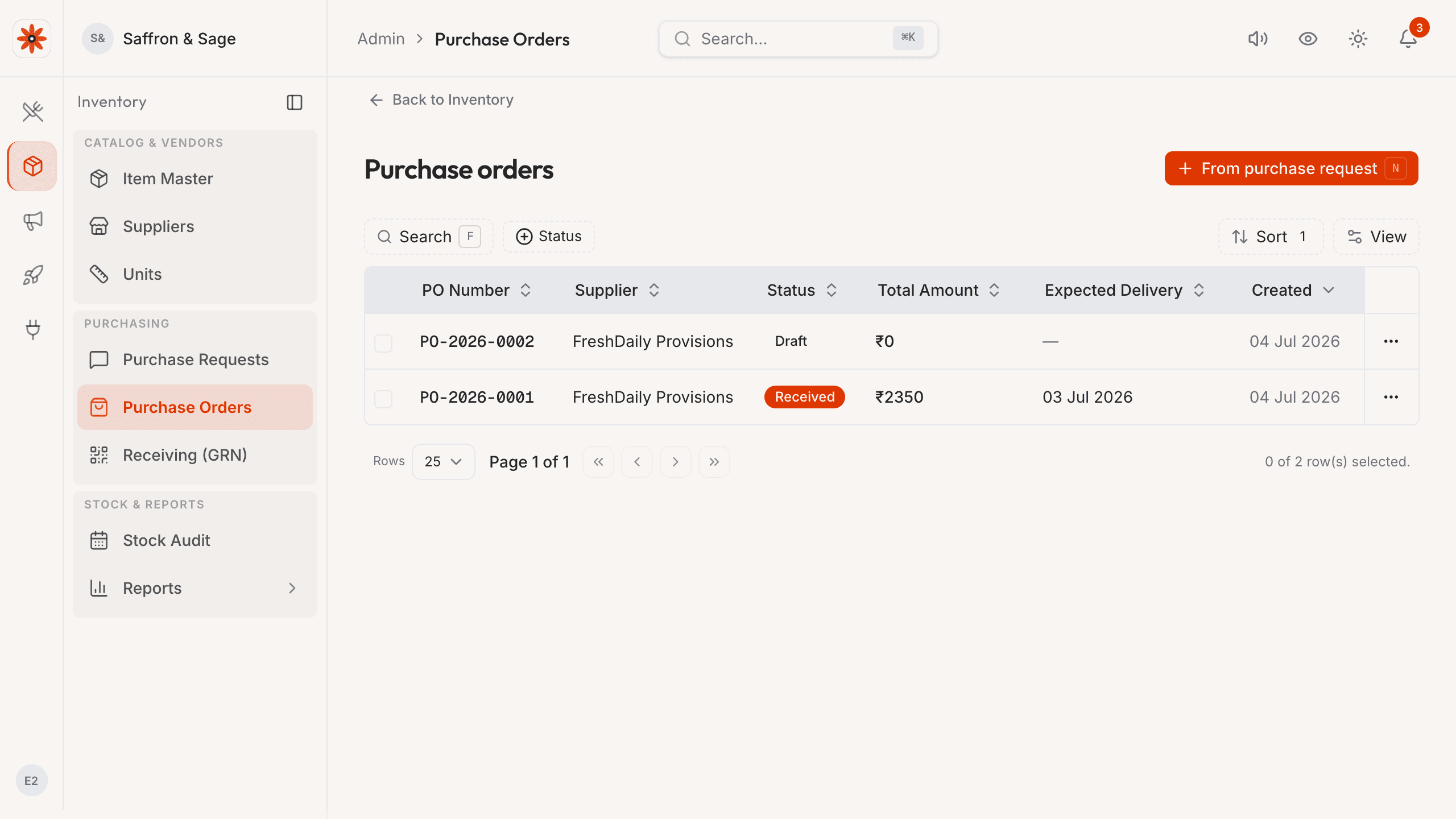 Purchase orders admin page