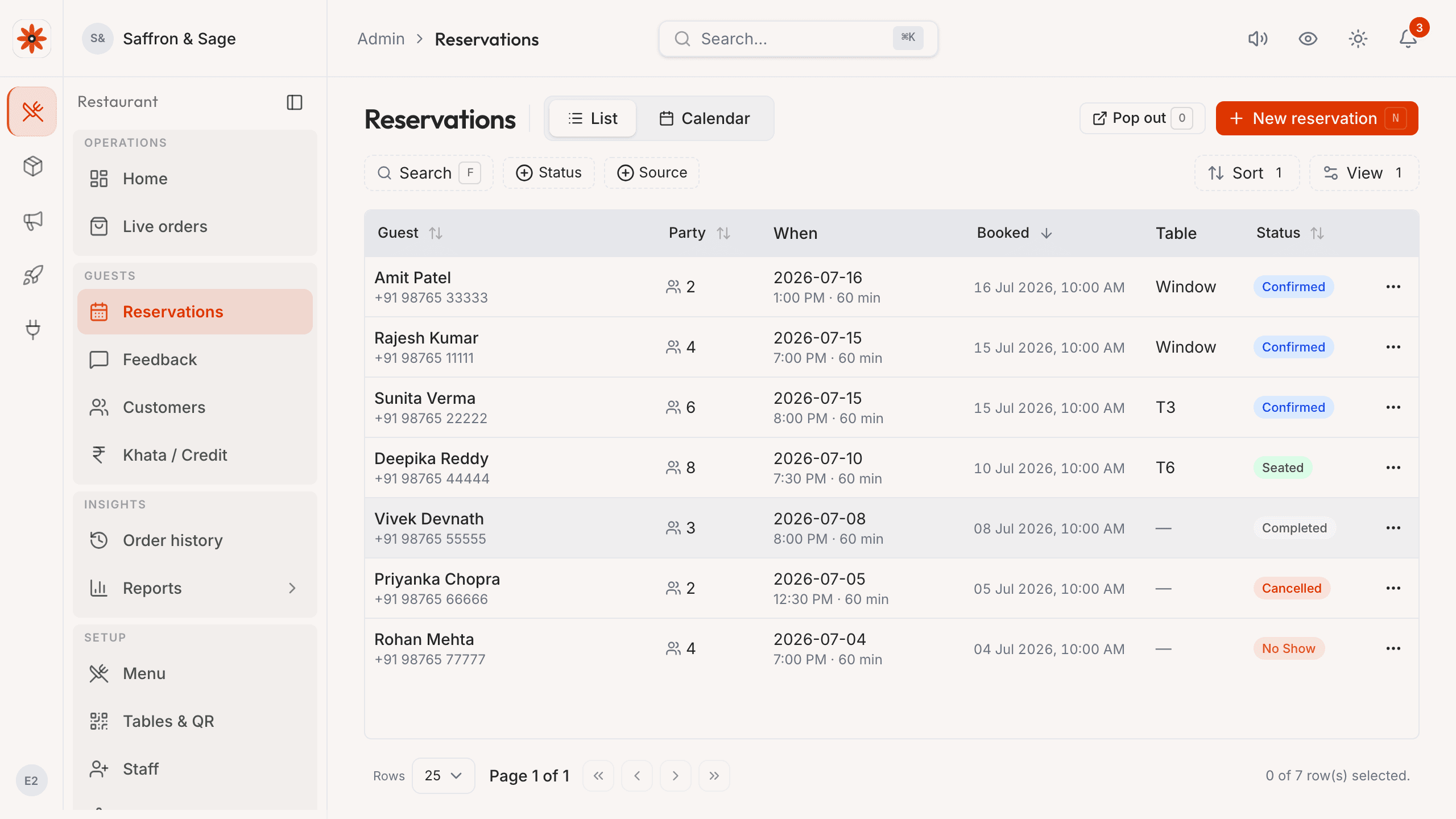 Reservations admin — list + calendar view