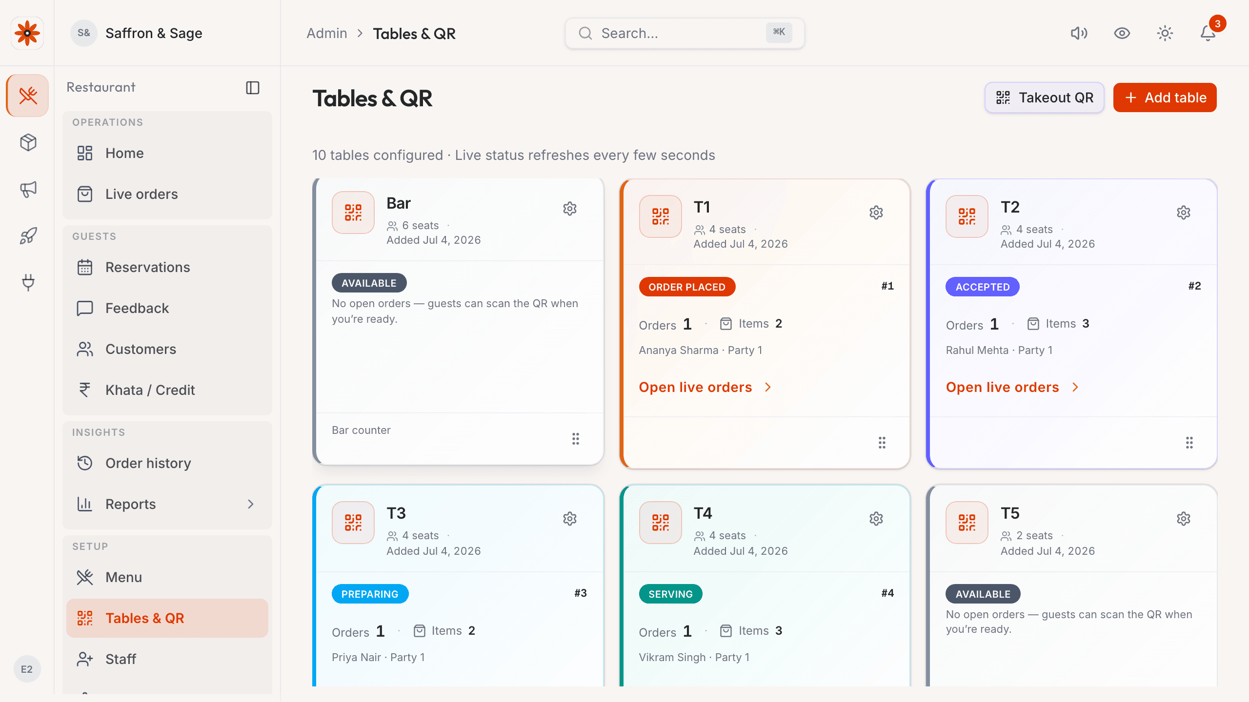 Tables & QR admin page